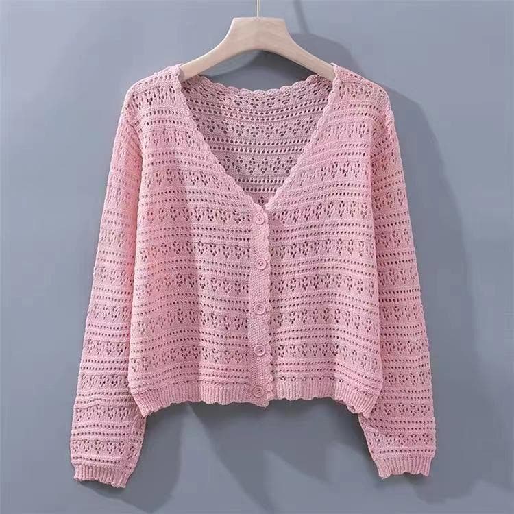 2025 Summer Korean-style Loose V-neck Hollow-out All-match Knitted Air-conditioning Shirt Women's Thin Long-sleeved Ice Silk Cardigan Top