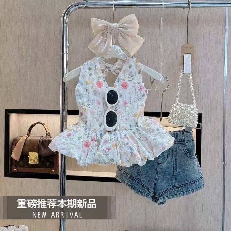 Girls Summer Suit New Style Summer Internet Celebrity Temperament Little Girl Fashion Summer Suspender Skirt Two-piece Set
