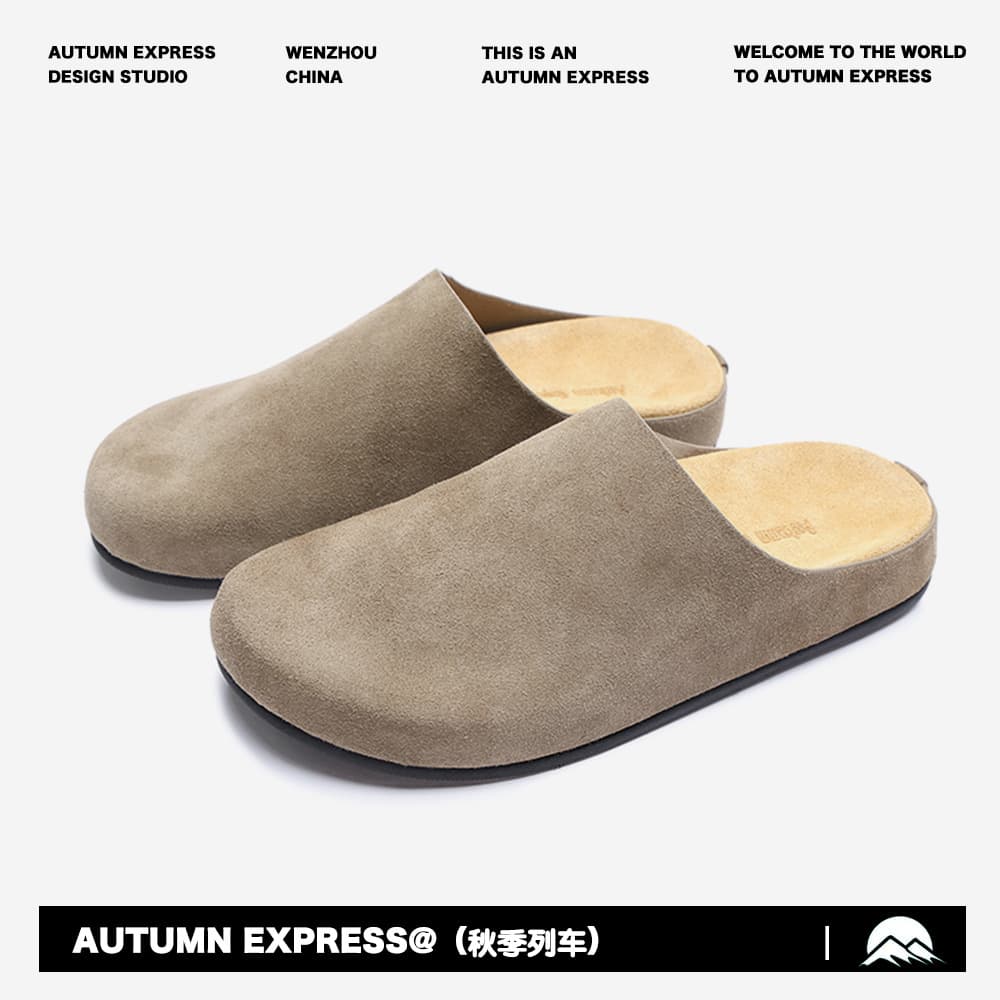 Genuine Imported Leather Mule Slippers, Slip-On Half Slippers, Cow Suede Closed-Toe Birkenstock-Style Unisex Casual Slippers