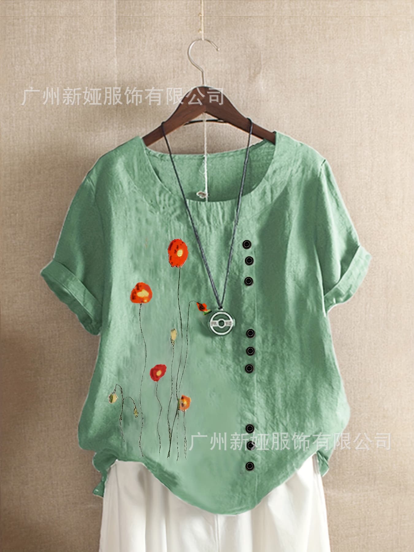 2021 Summer Retro Plus Size Casual Loose Cotton Linen Printed Short Sleeve Pullover T-Shirt Women's Clothing