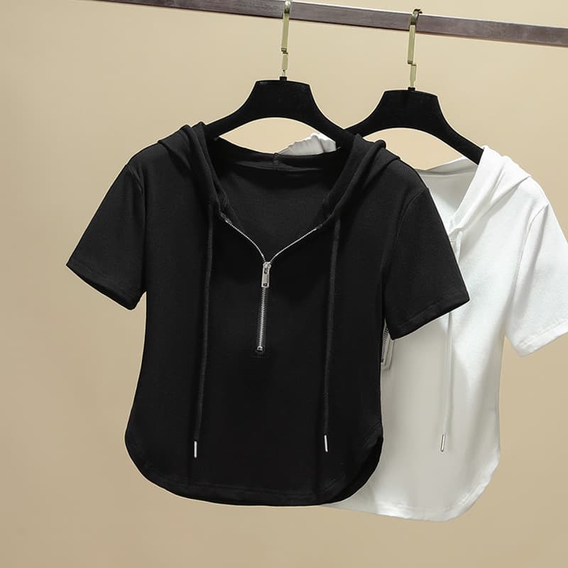 Short Sleeve T-Shirt for Women Summer 2025 Women's Clothing Curved Hem Solid Color Ribbed Short Zip-Up Hooded Top Slimming