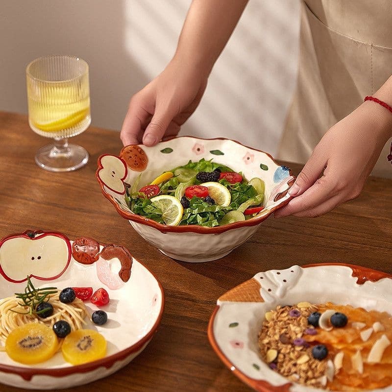 Ceramic Tableware Set Cute Embossed Apple Ice Cream Sauce Dish Rice Bowl Soup Noodle Bowl Salad Pasta Fruit Plate