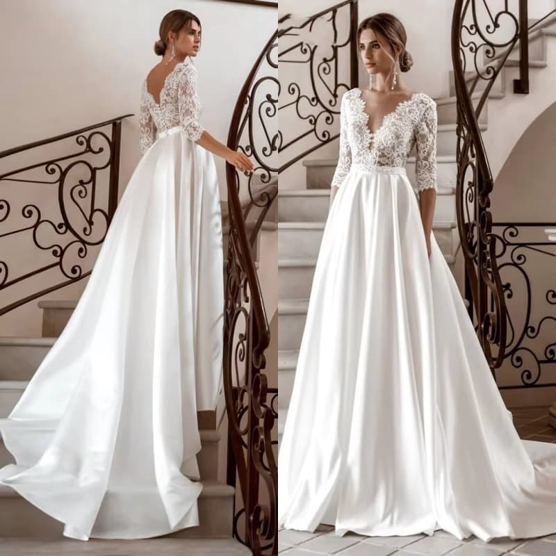 Amazon Cross-border V-Neck Half Sleeve Light Wedding Dress 2026 New Style Small Train Slim High-End Wedding Dress Outgoing Dress