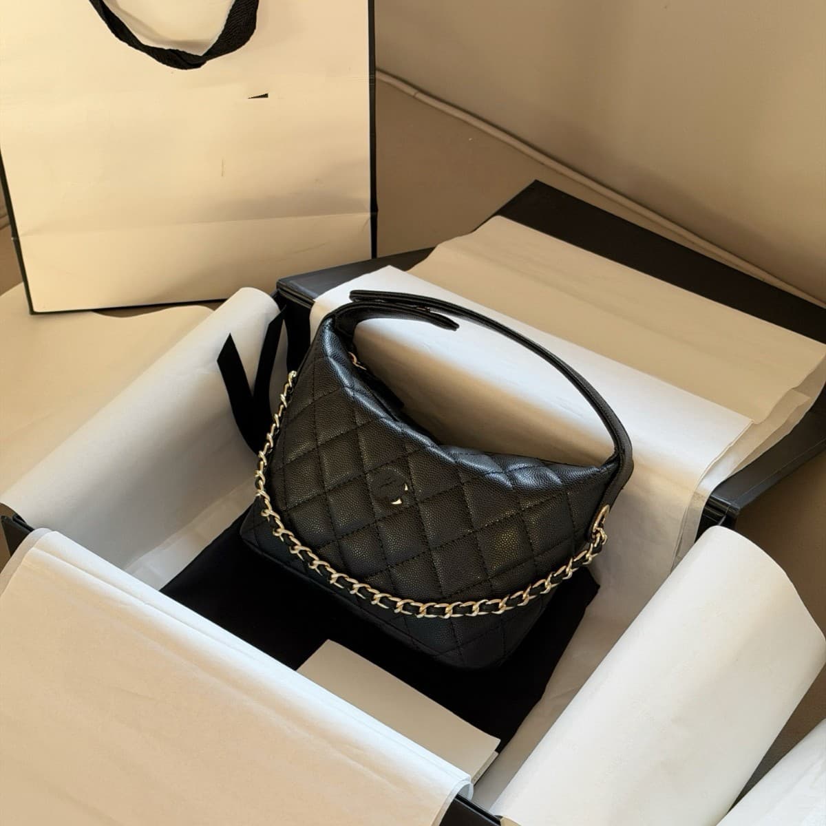 2026 Spring/Summer New Chanel-style 25C Lunch Box Bag Genuine Leather Hobo Handheld Chain Shoulder Crossbody Bag for Women
