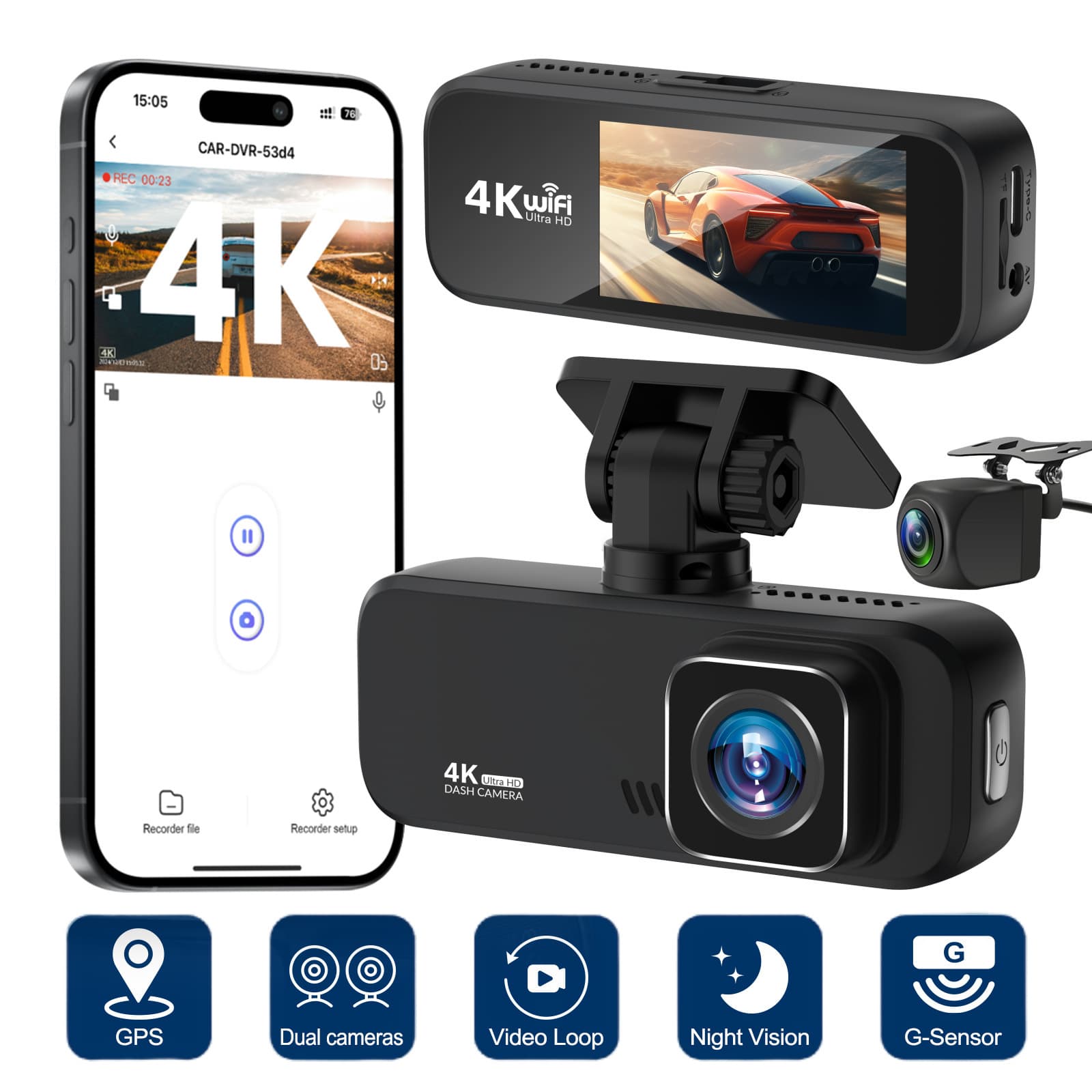 Cross-border 4K Dash Cam Dual Lens WiFi Car Recorder GPS Time-lapse Recording Dual Camera