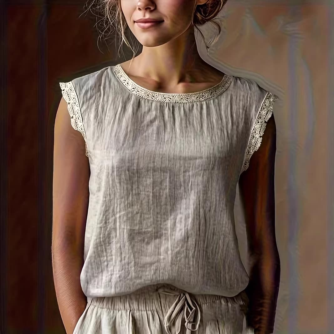 2026 Spring Summer Cross-Border European American Women's Clothing New Foreign Trade Loose Solid Color Round Neck Lace Sleeveless Cotton Linen Shirt