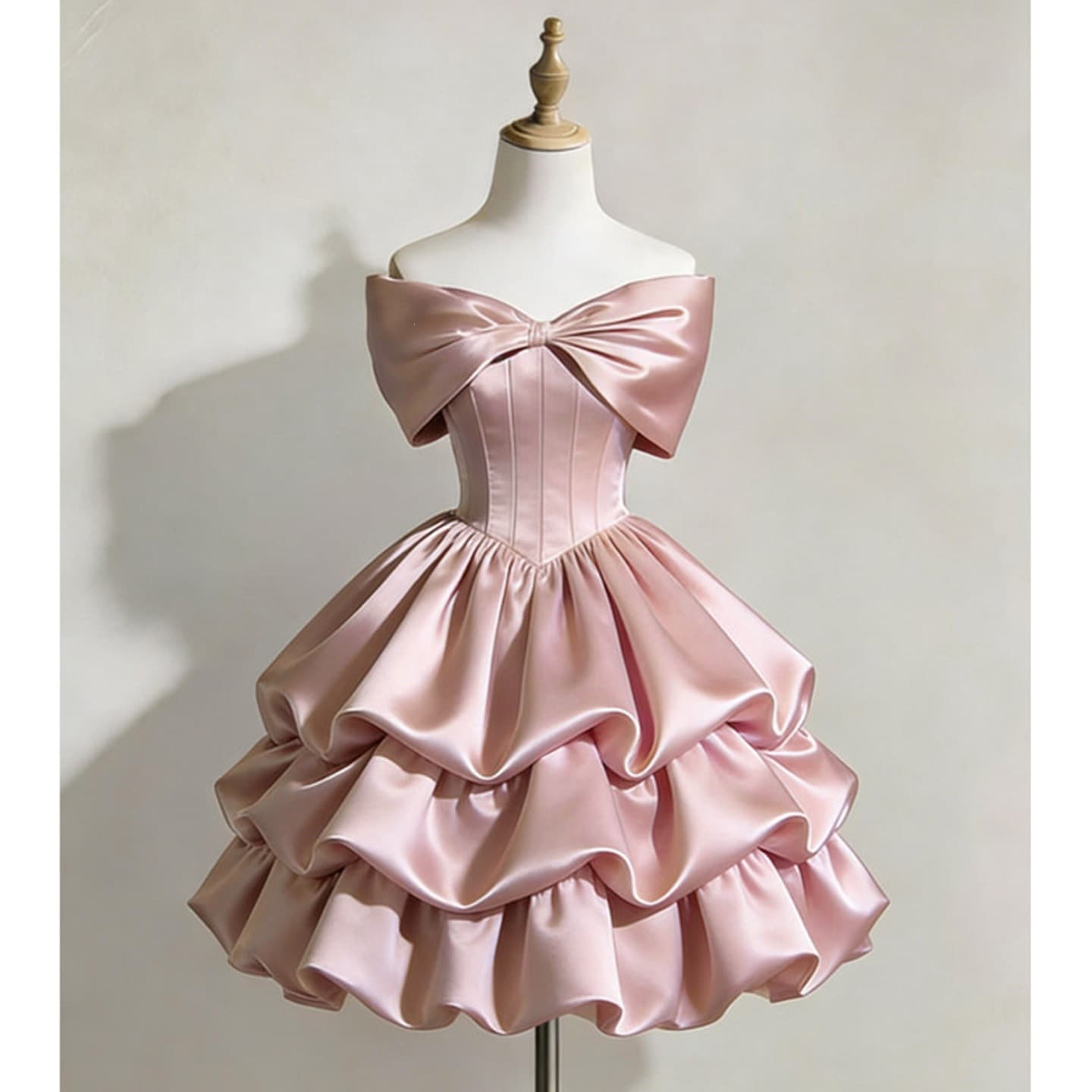 AliExpress Satin Mini Dress 2026 New Pink Off-Shoulder Simple Cake Dress Birthday Party Gathering Dress