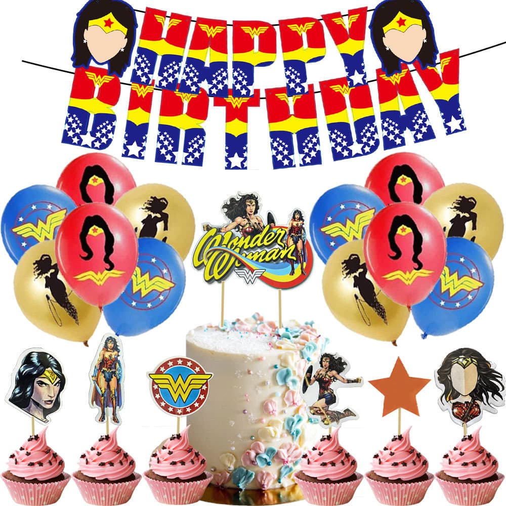 Wonder Woman Party Set for Kids Birthday Party Festival Decoration Costume Disposable Banner Cake Topper