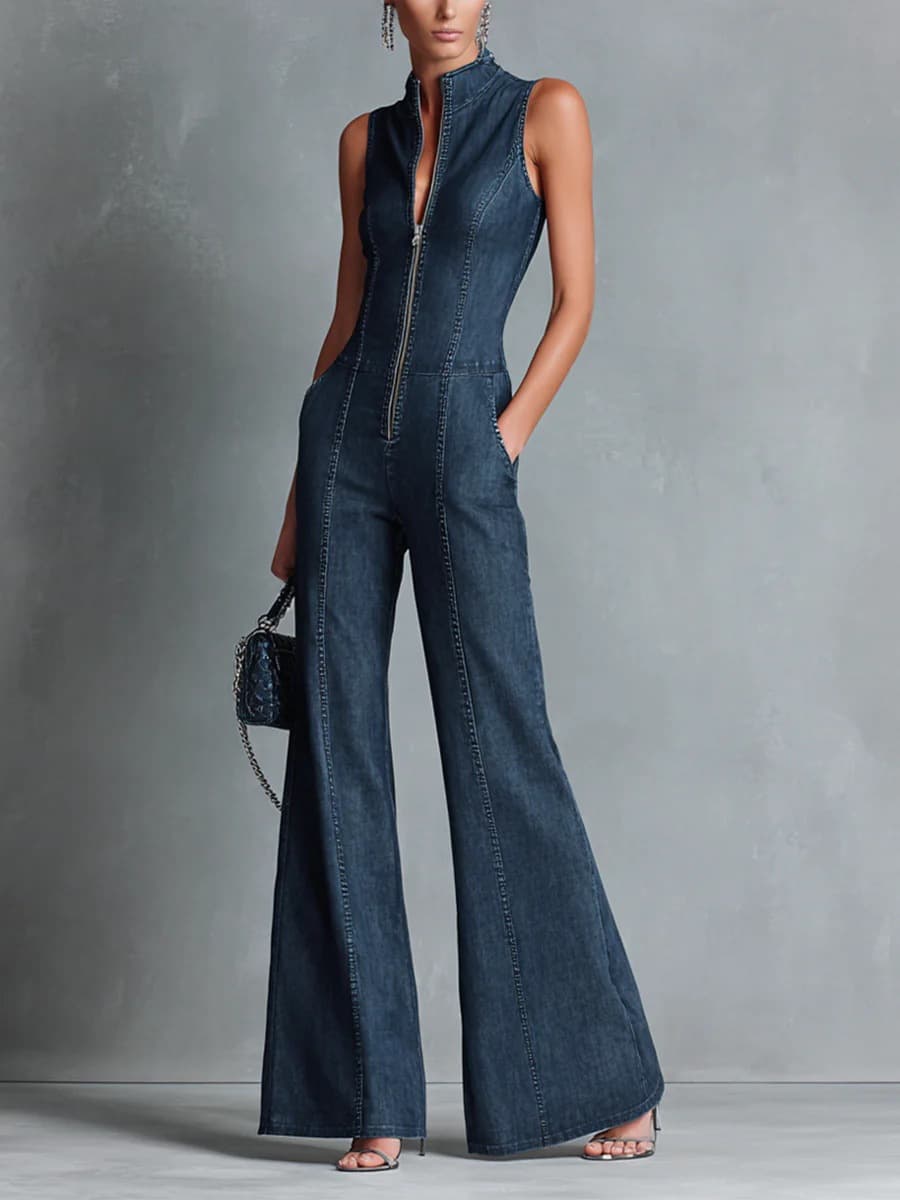European and American Cross-border 2026 New Women's Vintage Dark Blue Sleeveless Front Zipper Slim High Neck Denim Jumpsuit