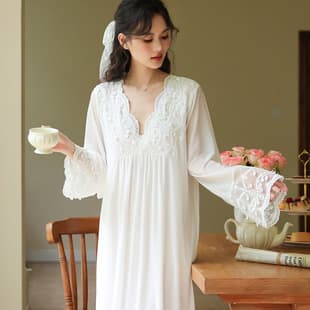 Long Sleeve Mesh Nightgown for Women Spring French Long Dress Embroidery Lace Princess Sleepwear, Loose Wearable as Loungewear Autumn
