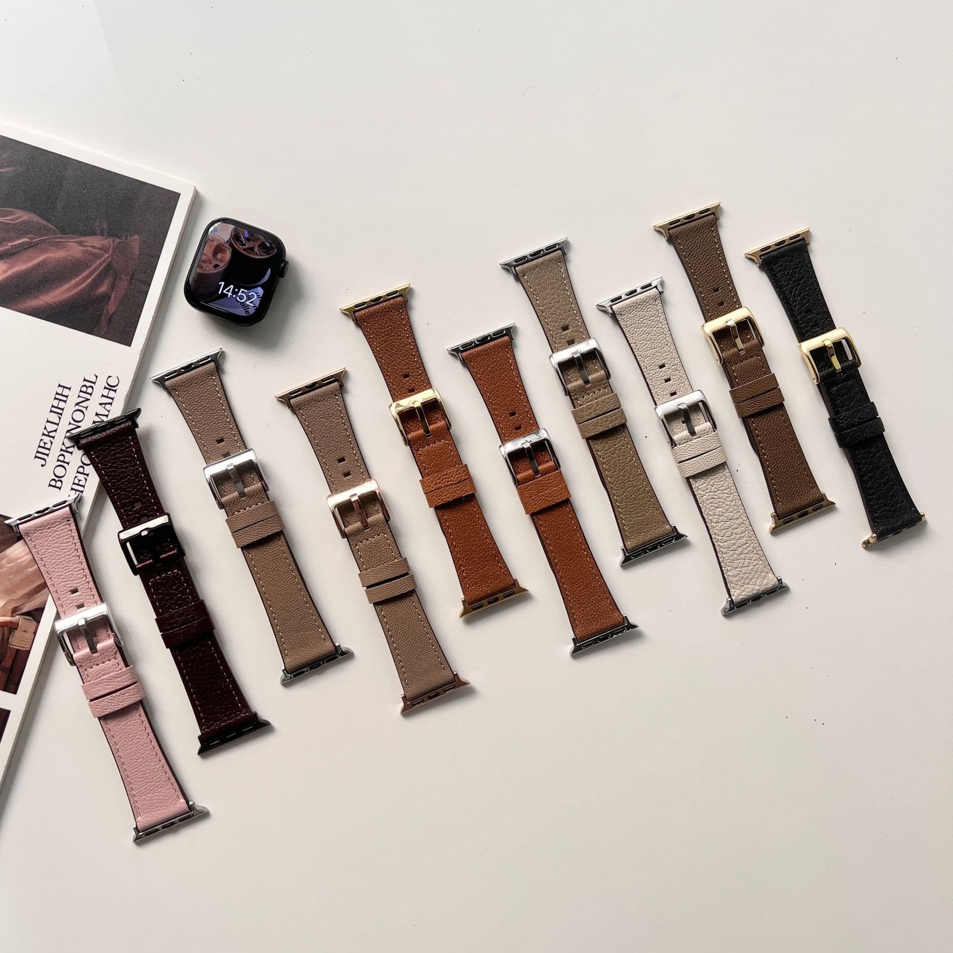 Suitable for Apple Watch Iwatch11Se10987654 Soft Lambskin Lychee Pattern Genuine Leather Strap Autumn and Winter