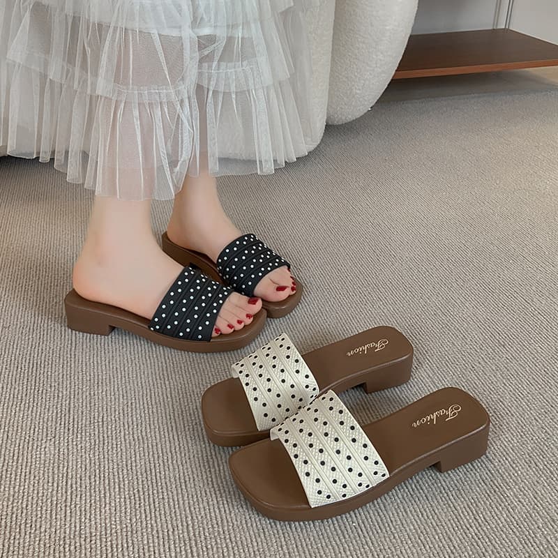 French Polka Dot Thick Platform Wedge Sandals for Women, Summer Outdoor Beach One-Band Slide Sandals to Wear with Dresses