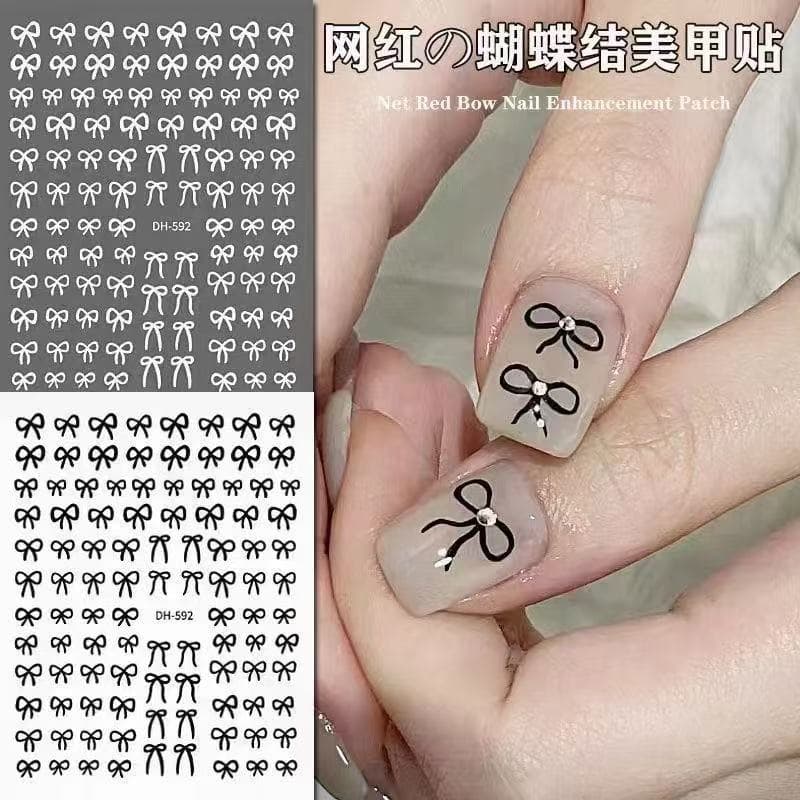 New Bow Nail Stickers Ins Trendy Japanese Hand-Painted Black and White Bow Simple Cute 3D Nail Wraps