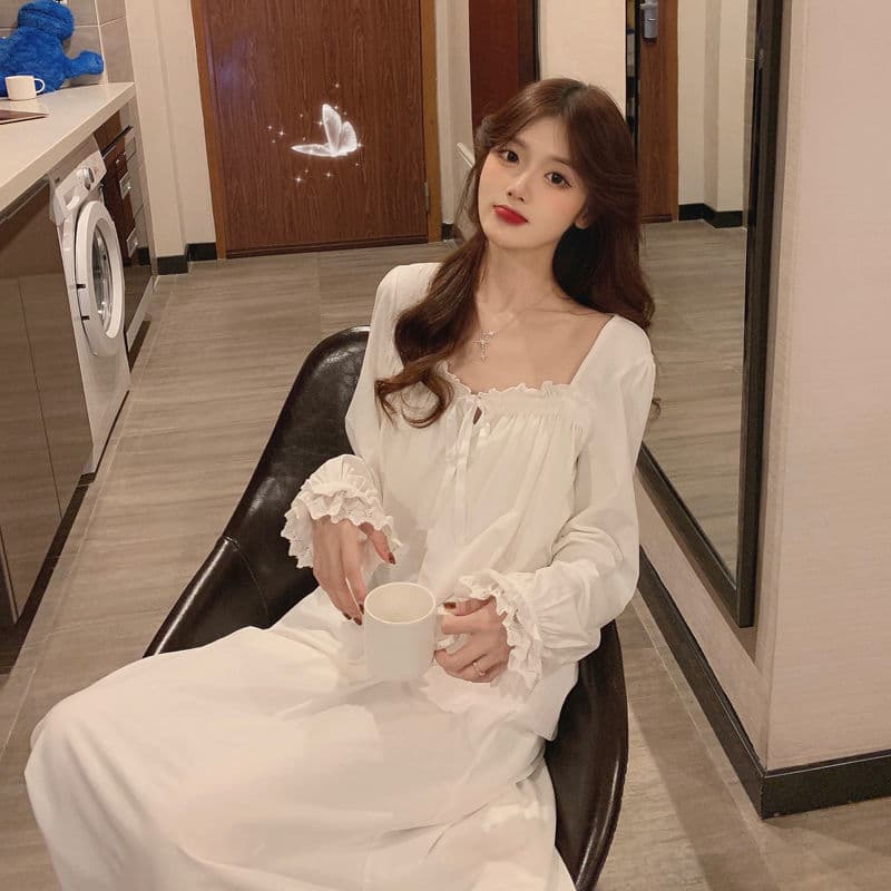 New INS Nightdress Pajamas for Women, Spring, Autumn, Winter 2020, Palace Japanese Style Sweet Long White Long-Sleeve Loungewear