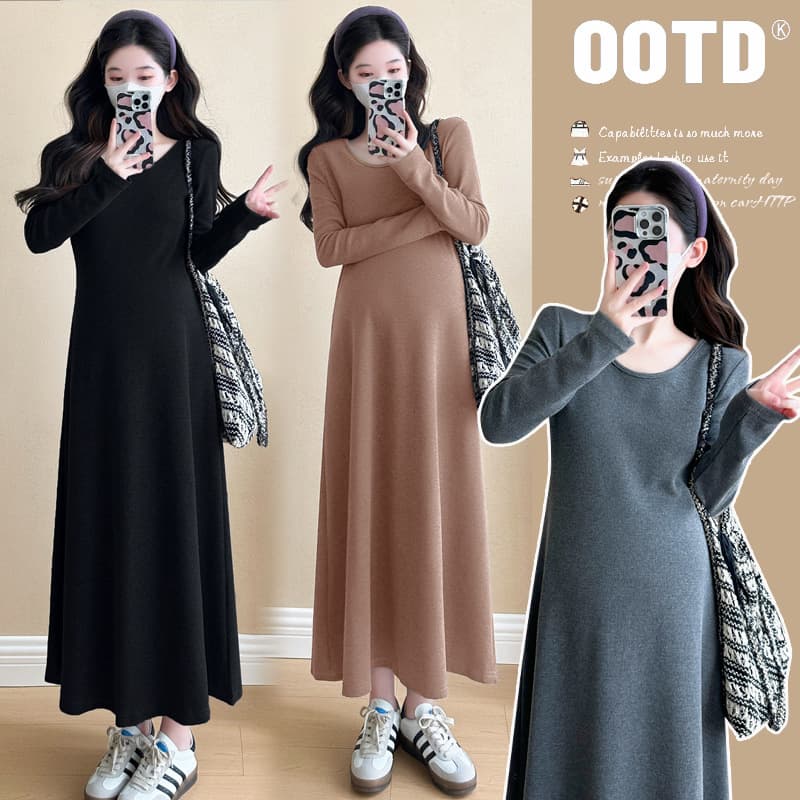 Elegant Maternity Dress Autumn Winter New Loose Fit Slimming Solid Color Base Layer Inner Wear Fall Stylish Waist-Cinching Long Dress