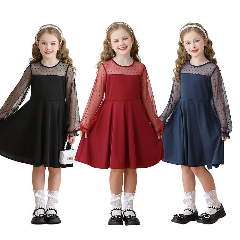 Amazon Girls Dress Mesh Lace Princess Dress Long Sleeve Party Ball Gown Children's Performance Costume