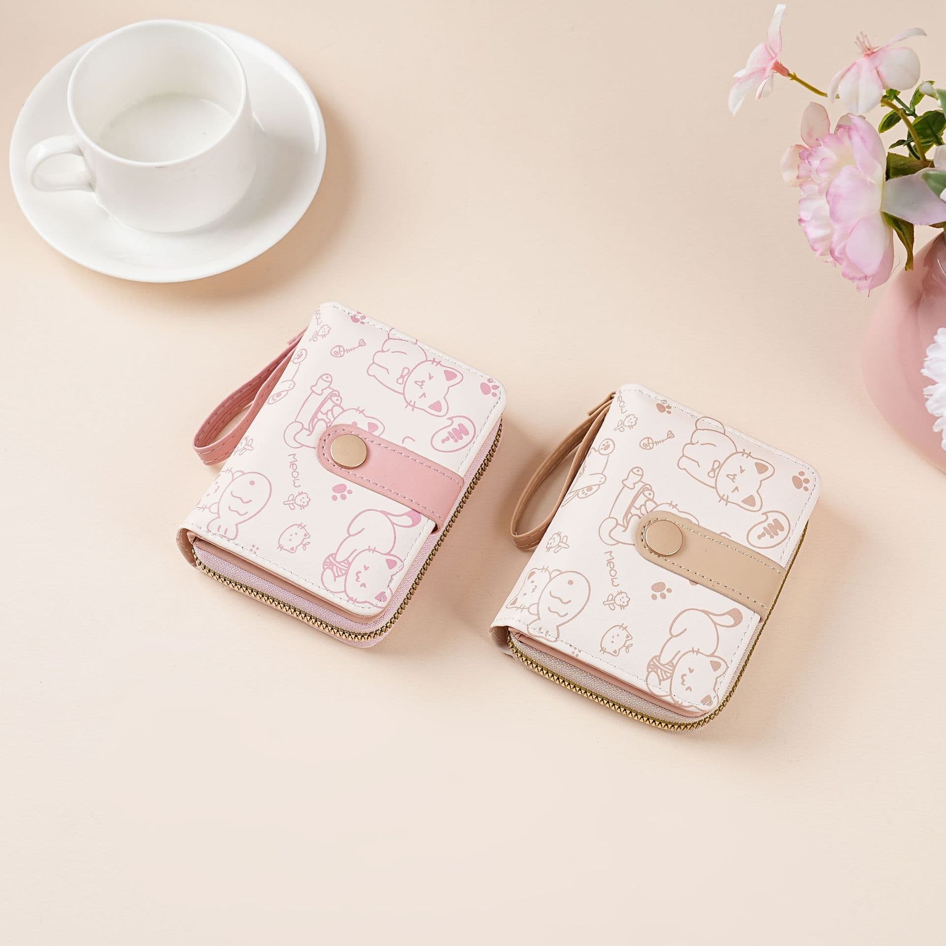 Ins-style cute small wallet, student short wallet, zipper coin purse, 2-in-1 fresh leather wallet for women