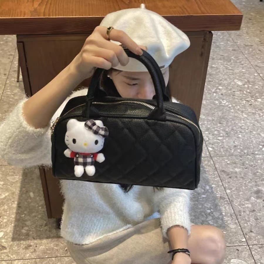 Women's Bag Chocolate Black Same Style Chanel Bowling Bag Diamond Pattern Handbag Shoulder Crossbody Bag Versatile Autumn