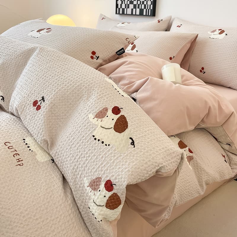 2026 Autumn/Winter 100% Cotton 4-Piece Bedding Set New A-Class All-Cotton Waffle Jacquard Brushed Cartoon Duvet Cover Bedding