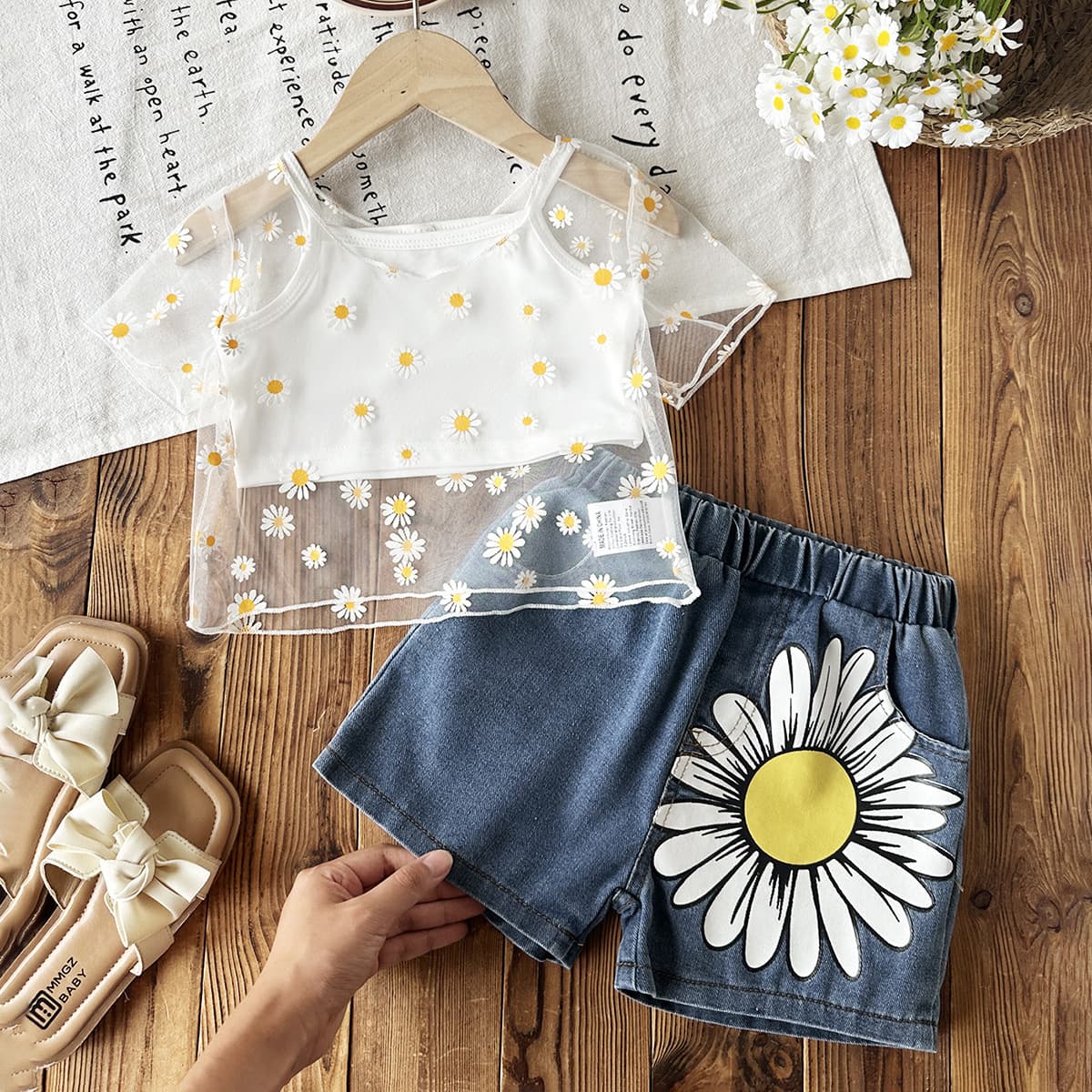 2026 Spring/Summer Women's Girls' Hollow Cover-Up Solid Camisole + Sunflower Print Jeans 3-Piece Set for Europe and US Cross-Border