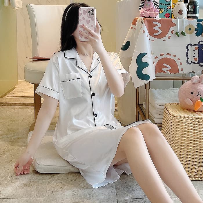 2022 Cross-Border Wholesale Summer Plus Size Women's Solid Silk Shirt Dress Pajamas Factory Outlet