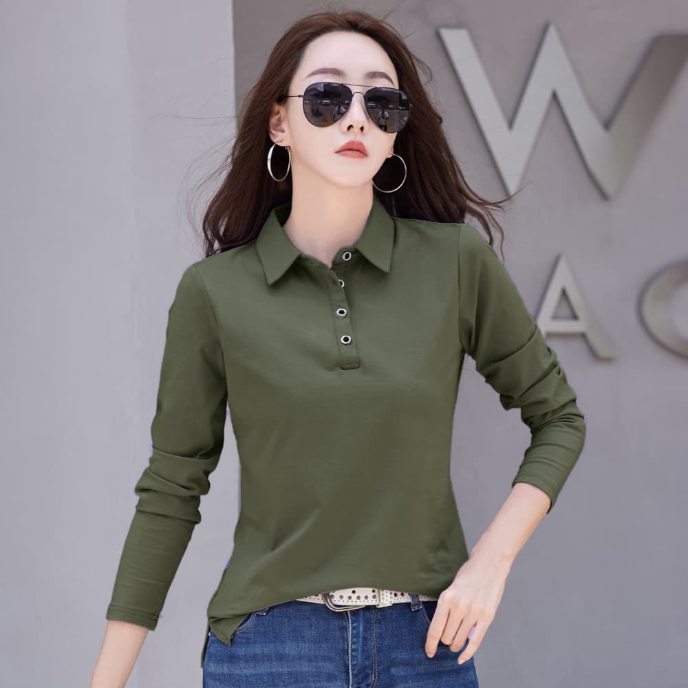 One-piece dropshipping women's Korean style pure cotton simple button slimming polo shirt with turn-down collar long sleeves, versatile purple women's clothing