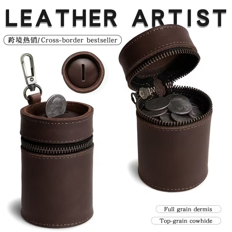 Cross-border same style retro crazy horse leather cylinder coin purse thickened bucket coin portable keychain coin bag piggy bank