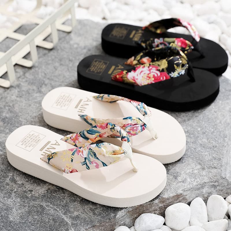 Bohemian Satin Ribbon Summer Fashion Women's Thick-Soled Wedge Flip-Flop Sandals Beach Shoes Gold-Stamped Sandals