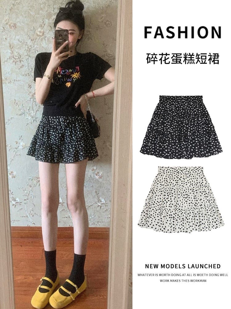 Black Floral Short Skirt for Women, Summer Thin Style, Versatile High-Waisted Slimming Skirt for Petite Figures, Lazy Style Tiered Skirt