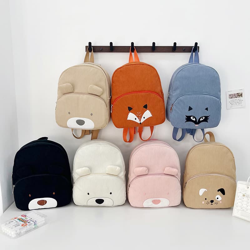 Custom export personalized embroidery cute bear backpack, corduroy student bag with large capacity cartoon design.