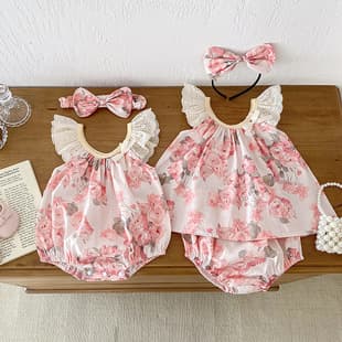 2026 Baby Clothes Summer New Girls Fly Sleeve Bodysuit Baby Girl Korean Style Short Sleeve Set Sisters Summer Outfit