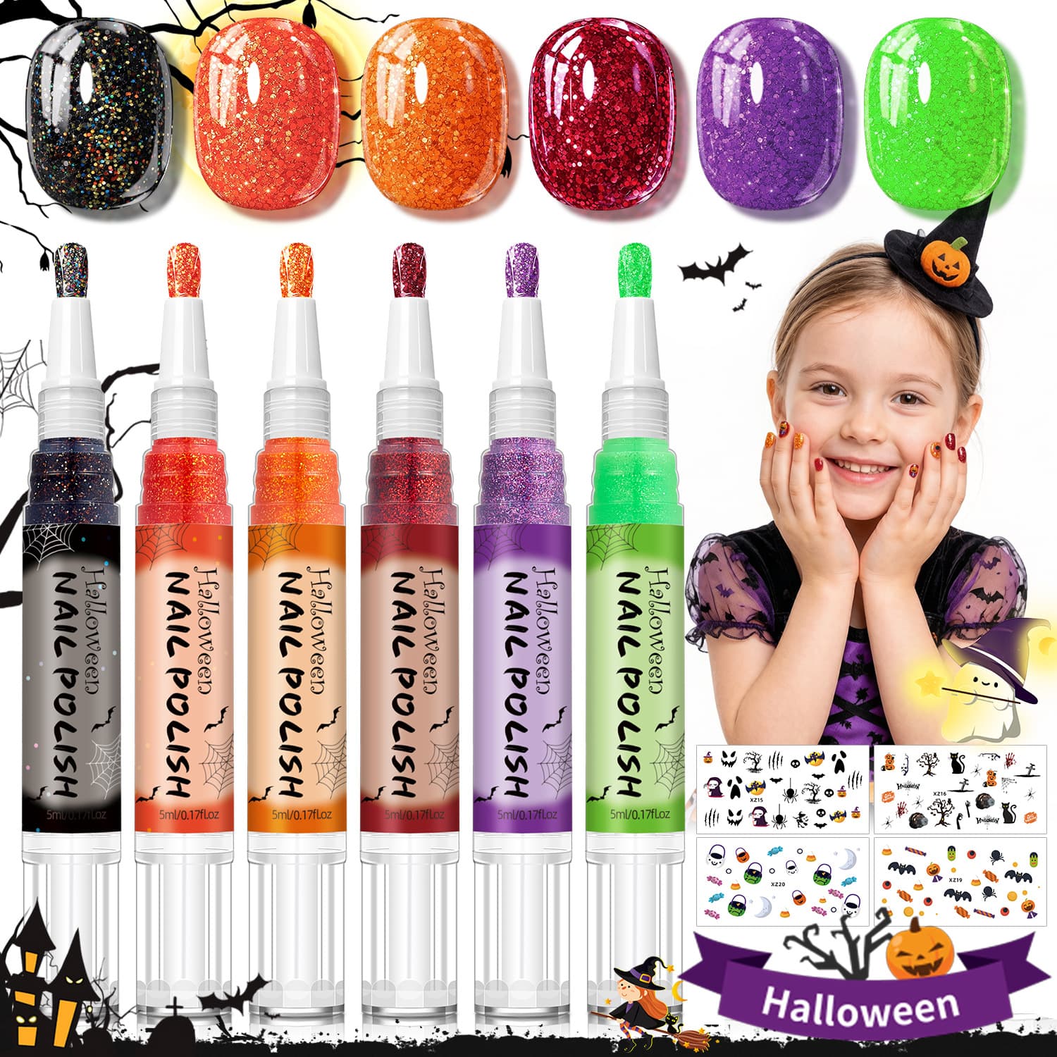 Halloween Kids Nail Art Water-Based No-Bake Quick-Dry Peelable Salon DIY Cartoon Sticker Decoration Set Wholesale