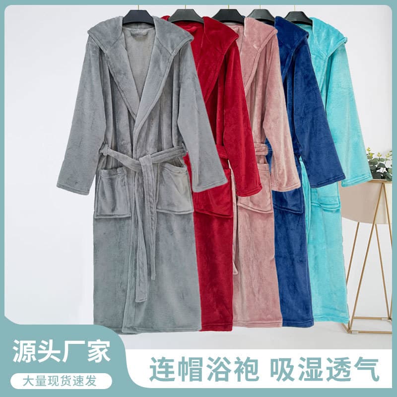 New Autumn Winter Plain Hooded Bathrobe Flannel Home Casual Nightgown Extended Thick Couple Bathrobe Wholesale