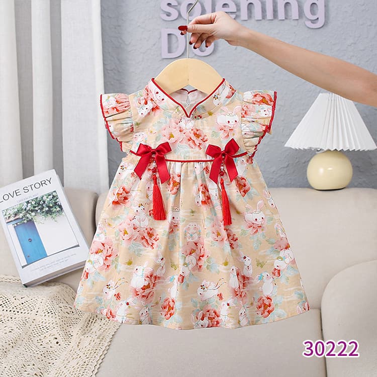 New Summer Dress for Girls, Baby's Stylish Casual Versatile Floral Dress with Bow, Chinese Style
