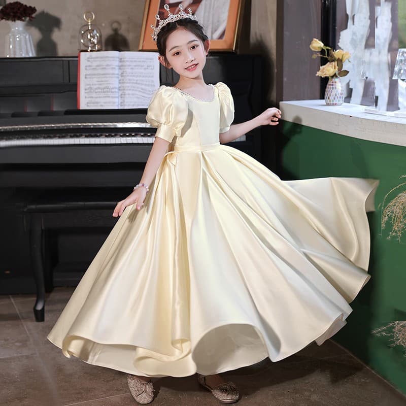 Children's Satin Formal Dress for Girls Birthday Party Princess Gown Long Elegant Host Violin Piano Performance Costume