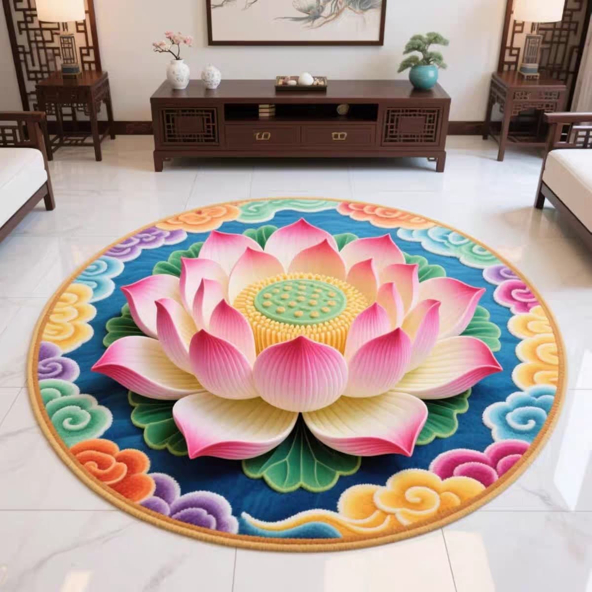 Chinese Lotus Carpet for Home Worship, Buddha Hall Meditation Mat, Crystal Velvet Wear-Resistant Living Room Zen Mat