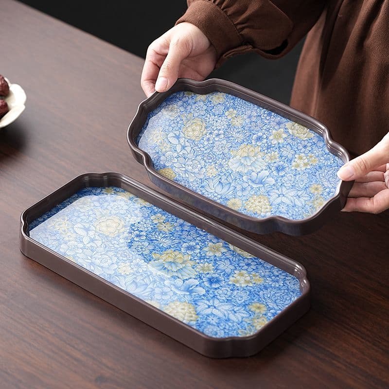 Chinese Style Blue and White Tea Tray High Borosilicate Glass Heat-Resistant and Scalding Tray Pot Dry Bubble Tray Outdoor Travel Home Office