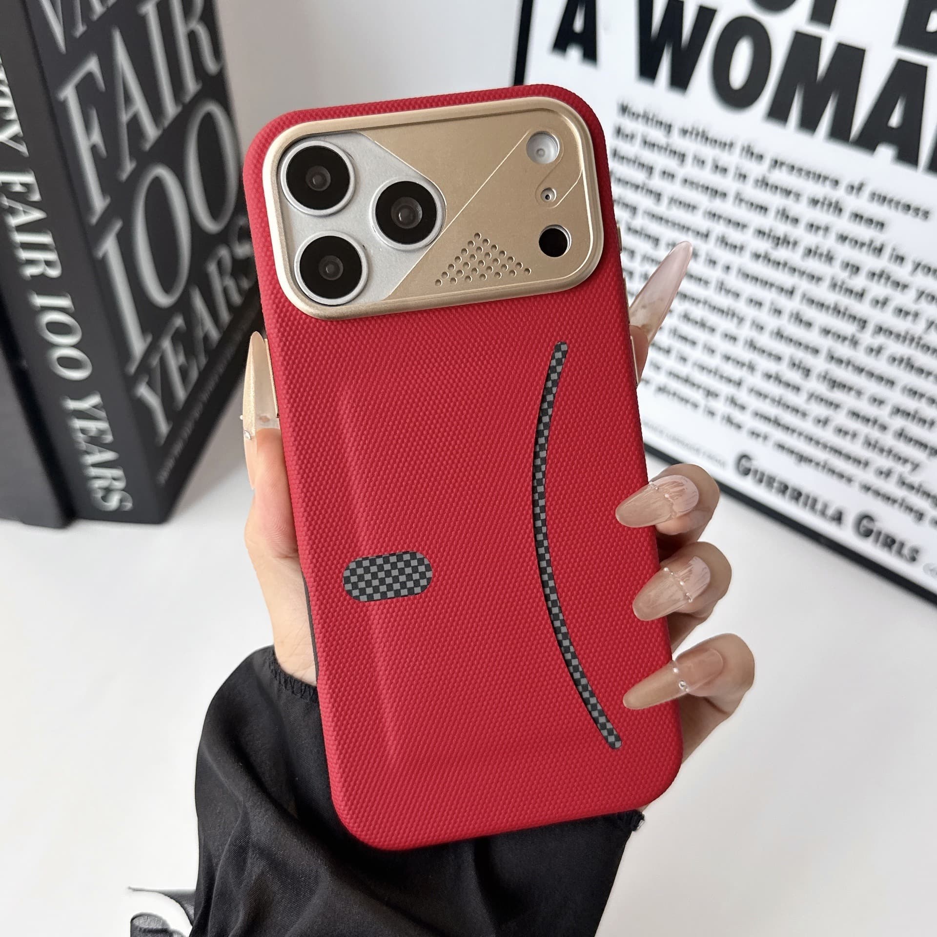 Checkered Card Holder with AI Button, Compatible with Apple 18 Pro Phone Case, Heat Dissipation Card Slot iPhone 17 Pro Max Hard Case