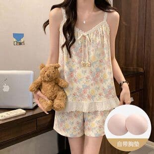2026 Summer Cloud Cotton Sleepwear Set with Padded Bra for Women, Sweet Lace Camisole and Shorts, Princess Style Loungewear Set