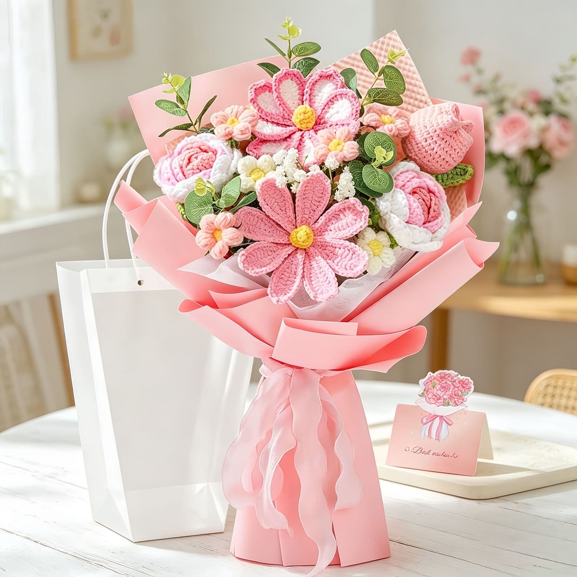 Cross-Border Knitted Yarn Large Bouquet of Sunflowers, Gerbera Daisies, Roses, Holiday Gift Decoration, Artificial Bouquet