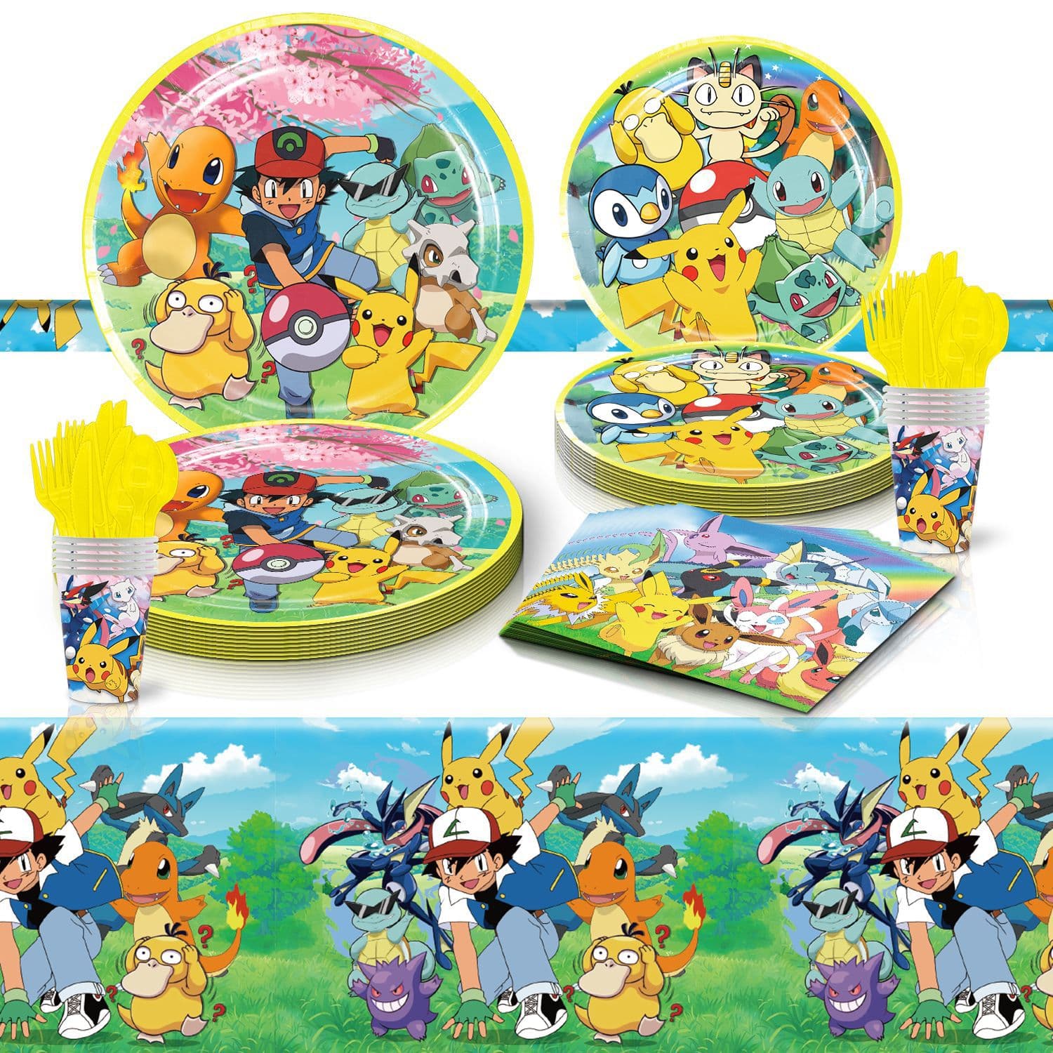 Pikachu Kids Birthday Party Decorations Pokemon Paper Cups Napkins Tablecloth Disposable Tableware Party Set