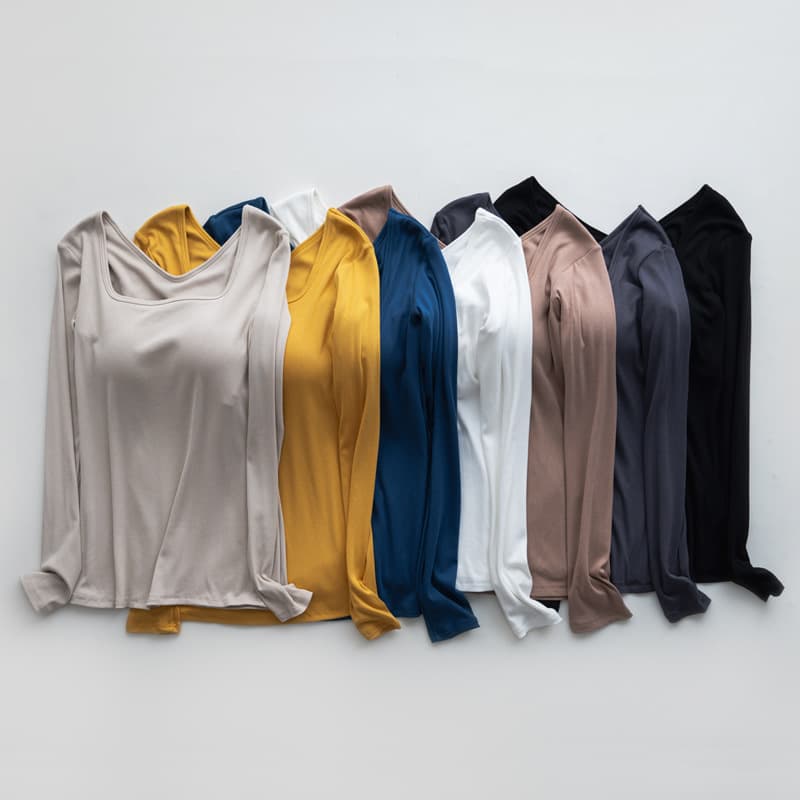 Square-neck long-sleeve ribbed T-shirt with built-in bra pads, no need for a separate bra, for autumn/winter layering or outerwear, wholesale.