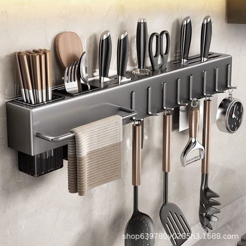 Thickened Knife Rack, No-Drilling Kitchen Shelf, Multifunctional Wall-Mounted Chopstick Holder and Knife Storage