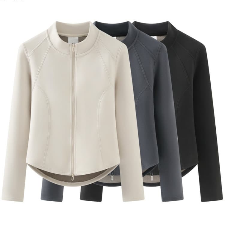 European Style 2025 Winter Fashion Versatile High-Waist Stand Collar Double Zipper Fleece Lined Hoodie Thick Jacket