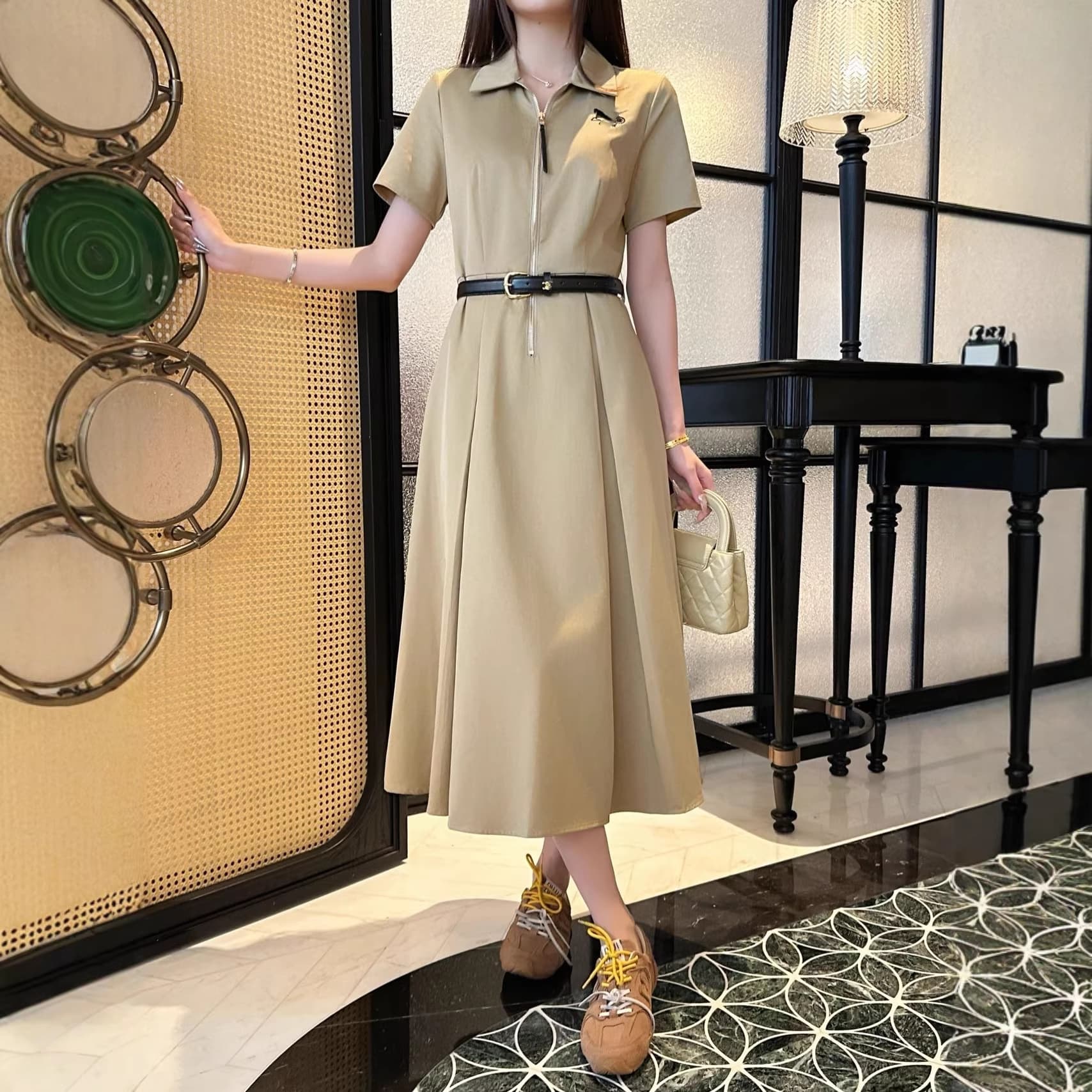 High version 26ss summer CE home Korean style simple fashion lapel short-sleeved dress with belt at waist
