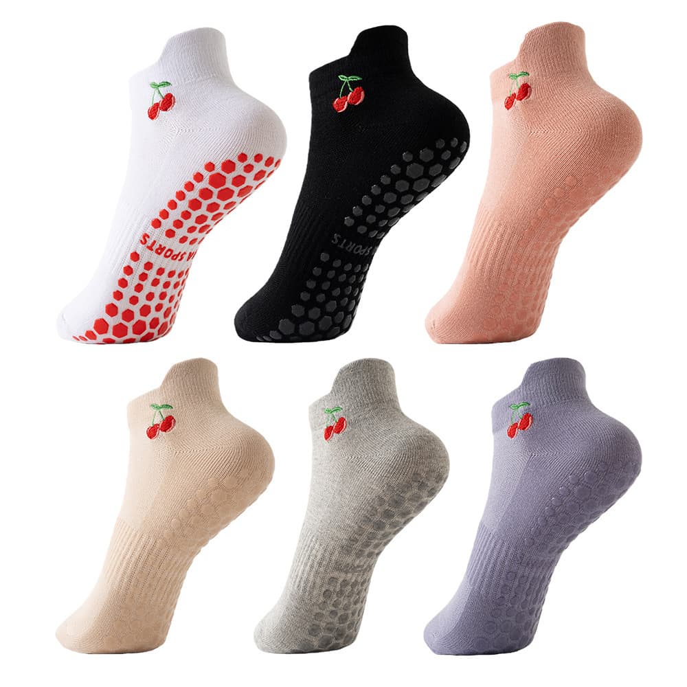 Sports Socks for Women, Short-Tube Professional Non-Slip Yoga Socks, Embroidered Cherry Mesh Breathable Silicone Non-Slip Socks for Pilates