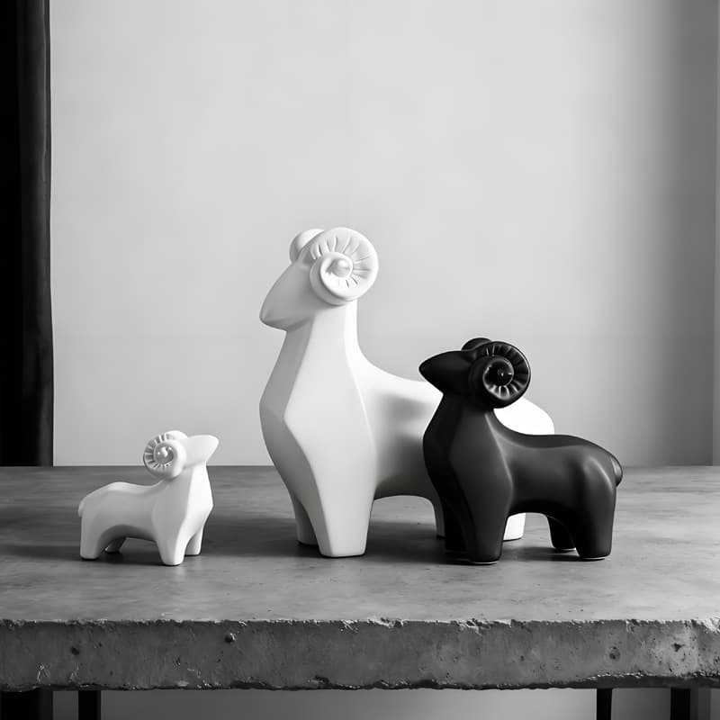 Modern simple black and white ceramic sheep ornaments Sanyang Kaitai animal figurines creative handicrafts home decor