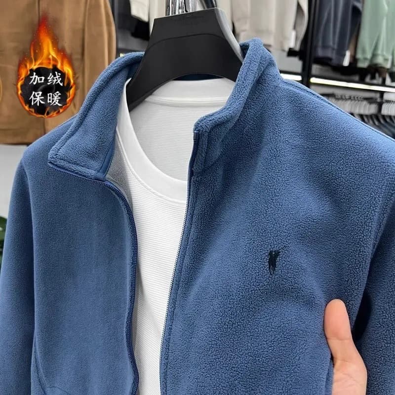 Autumn Winter Double-Sided Lambswool Jacket Men's Casual Fashion Warm Solid Color Embroidered Zip-Up Cardigan Coat