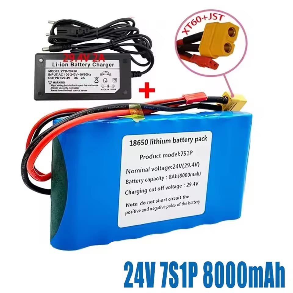 24V 7S1P 8000mAh Lithium-Ion Battery Pack with Built-in BMS and 29.4V Charger for Scooter Battery