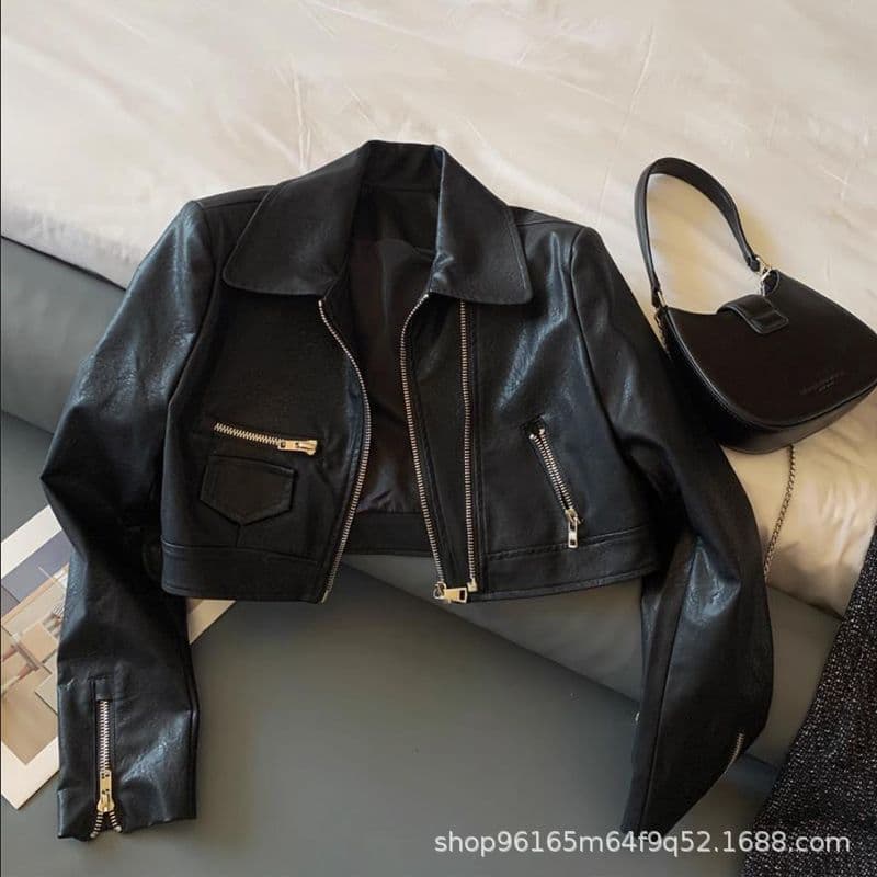 American Streetwear Motorcycle Jacket Slim Fit Short Coat for Women Double Zipper Washed PU Leather Jacket Street Style Versatile PU Leather Jacket